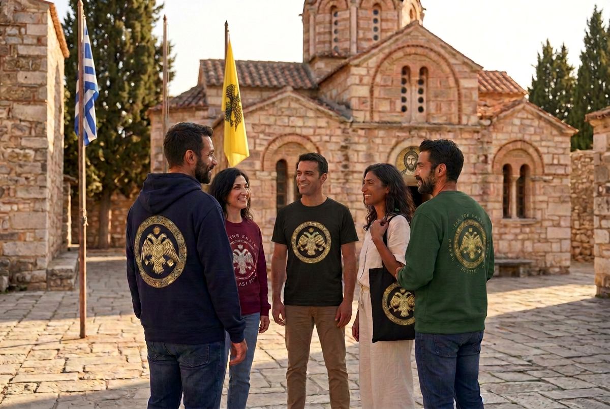 Querversion mit bereinigten Fahnen und locker hängender byzantinischer Flagge
