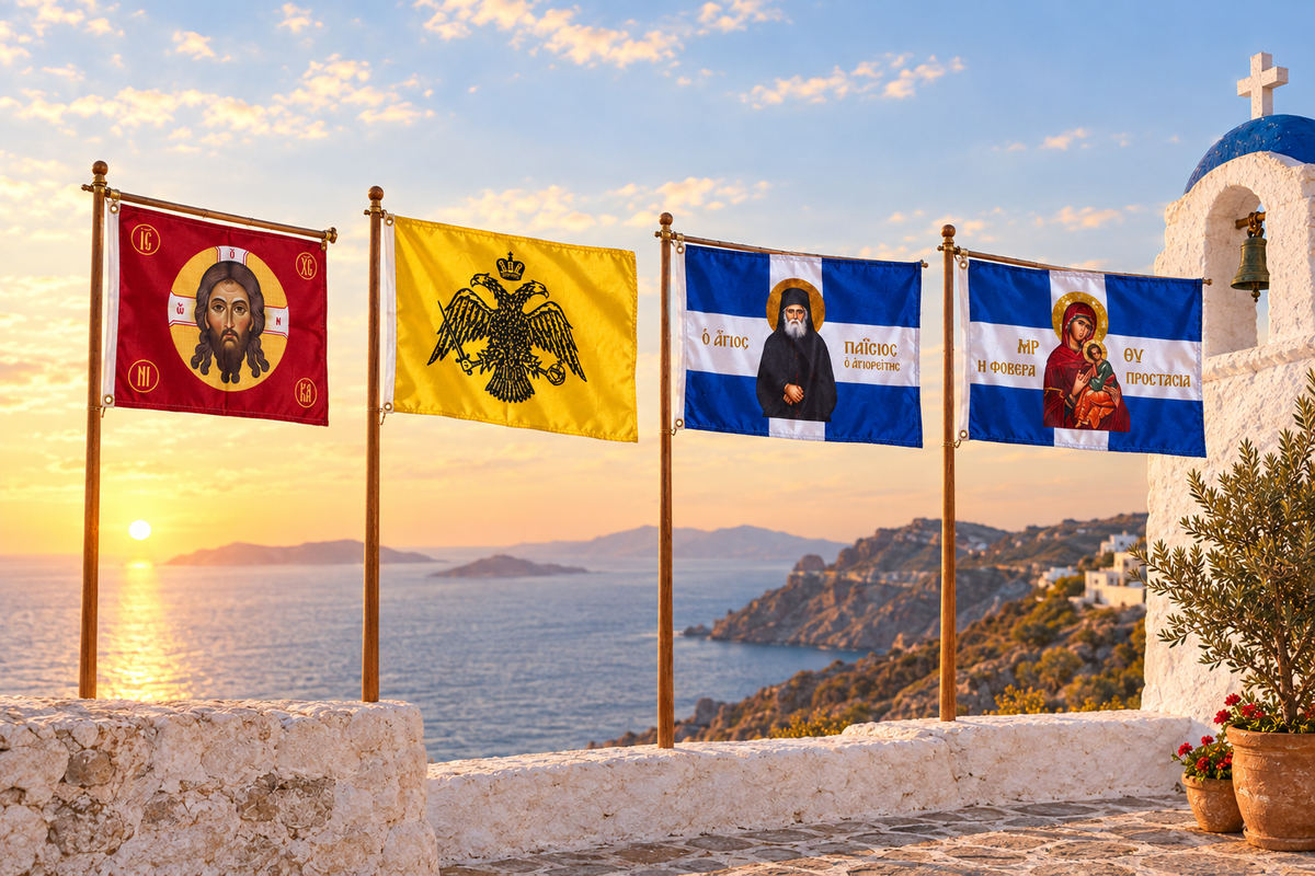 Querformat-Banner mit den vier orthodoxen Fahnen vor griechischer Kapelle im Sonnenuntergang