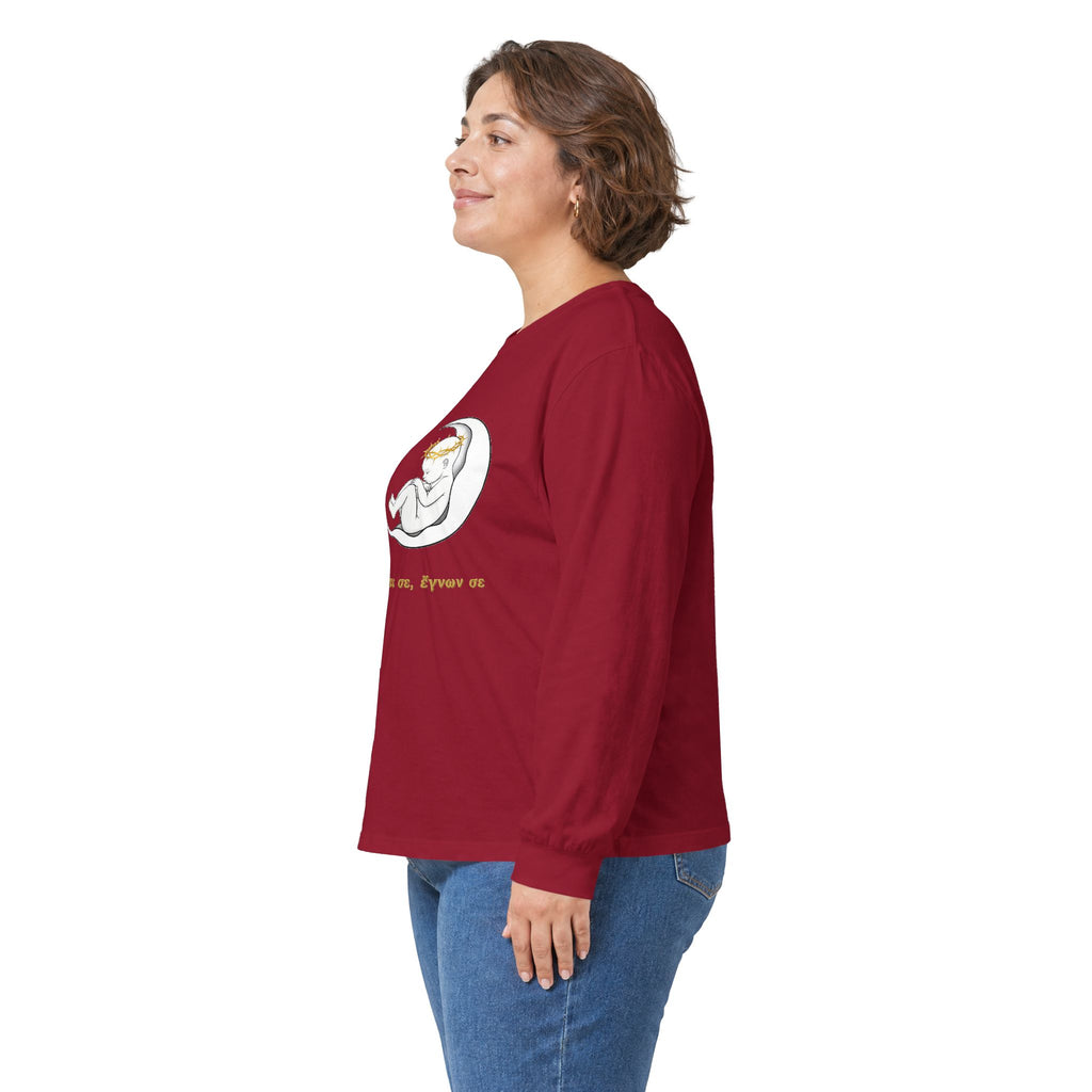 Unisex-Langarmshirt „Πριν πλάσω σε, έγνων σε“ – Baby im Halbmond – Versandkostenfrei