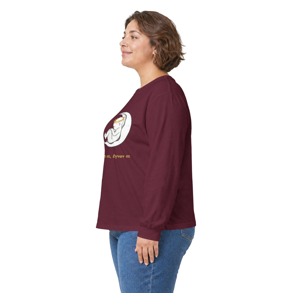 Unisex-Langarmshirt „Πριν πλάσω σε, έγνων σε“ – Baby im Halbmond – Versandkostenfrei