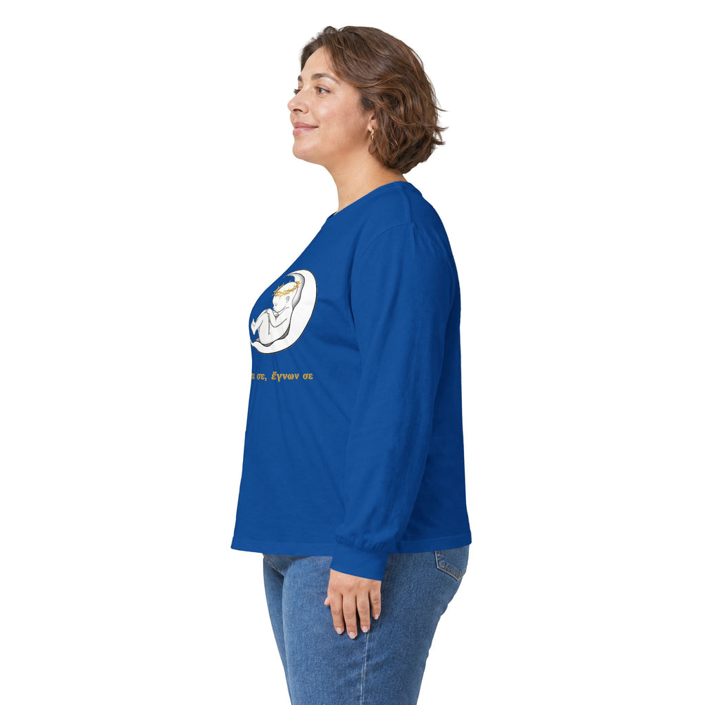 Unisex-Langarmshirt „Πριν πλάσω σε, έγνων σε“ – Baby im Halbmond – Versandkostenfrei