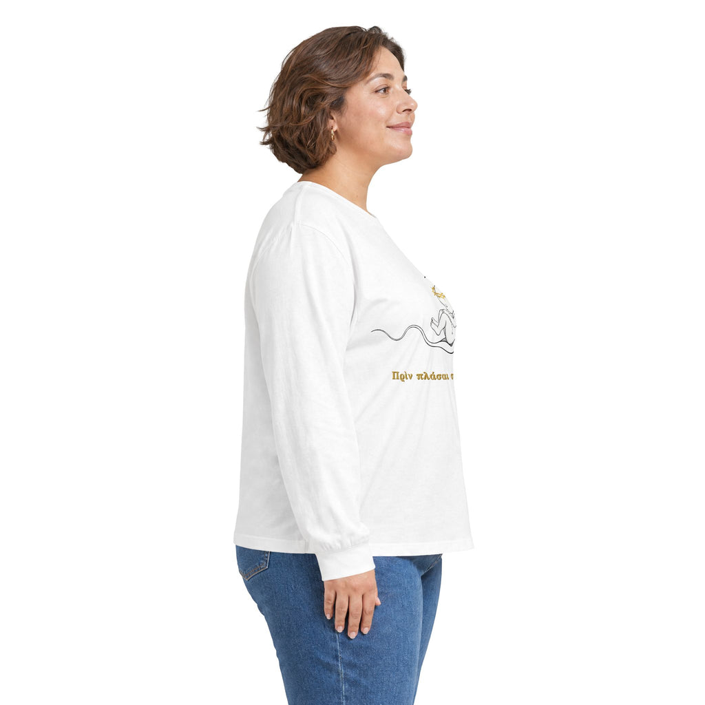 Unisex-Langarmshirt „Πριν πλάσω σε, έγνων σε“ – Baby im Halbmond – Versandkostenfrei