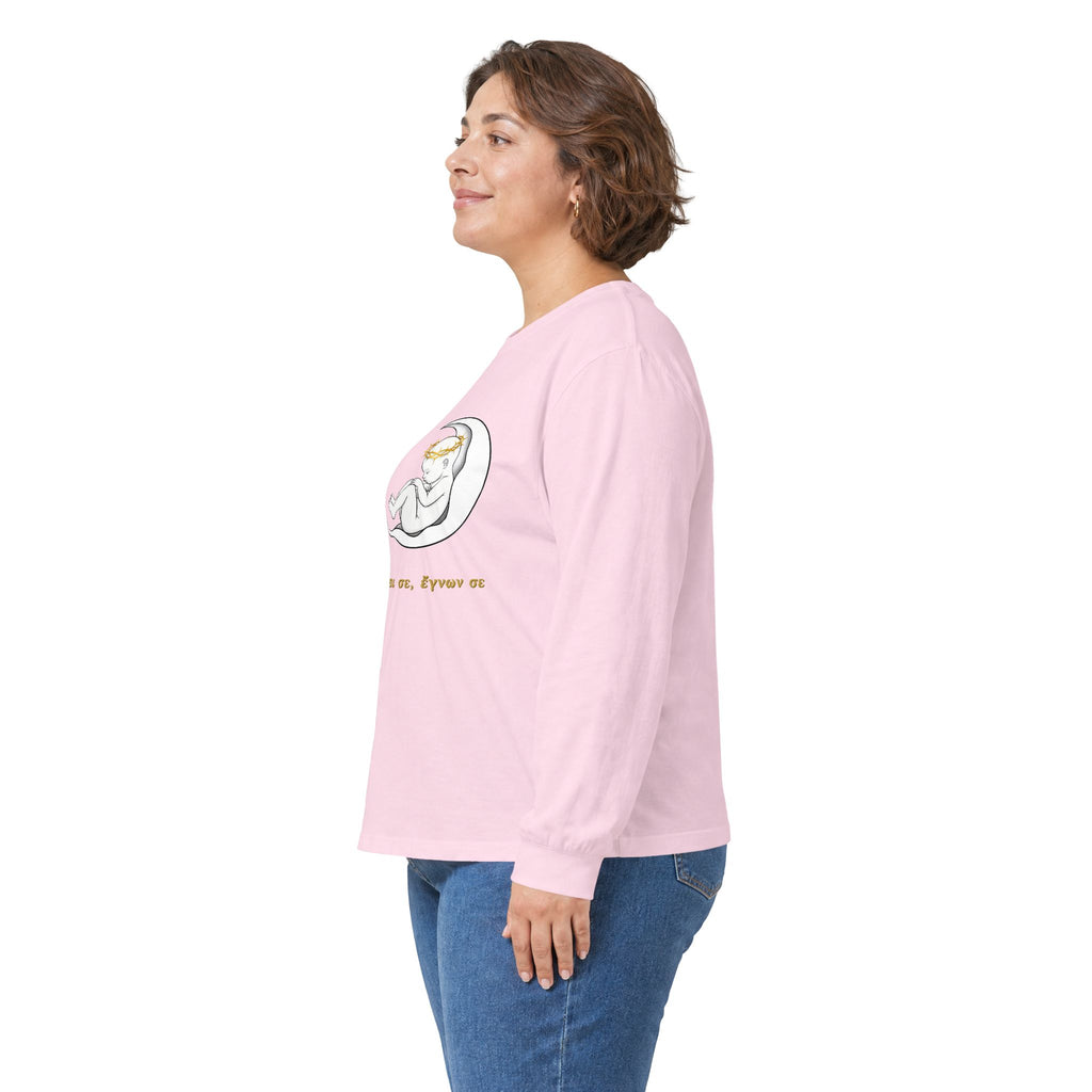 Unisex-Langarmshirt „Πριν πλάσω σε, έγνων σε“ – Baby im Halbmond – Versandkostenfrei
