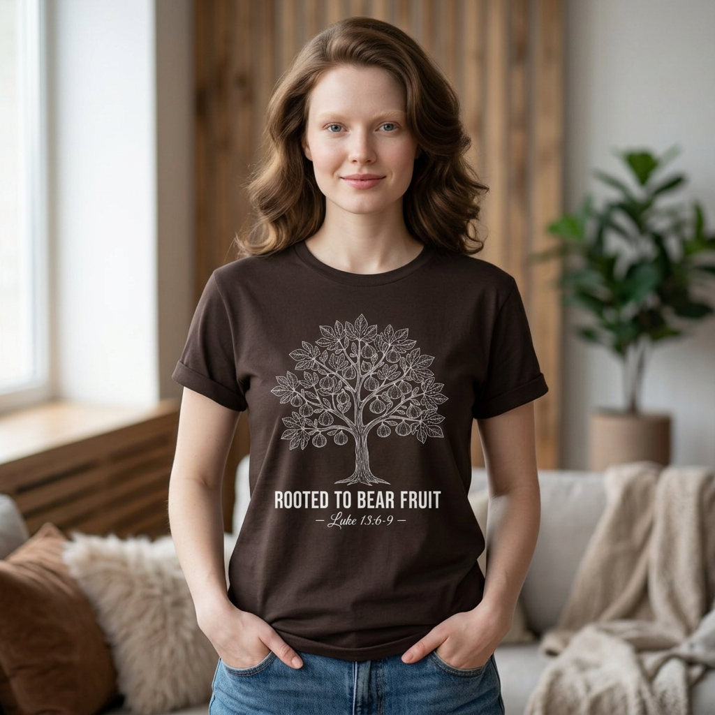 Rooted to Bear Fruit Fig Tree T-Shirt Dark Chocolate – Christliches Unisex-Shirt – FollowTheSaint