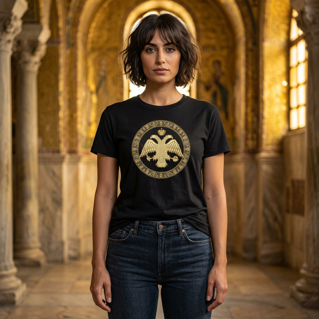 Damen-T-Shirt mit goldenem byzantinischem Doppeladler | Versandkostenfrei
