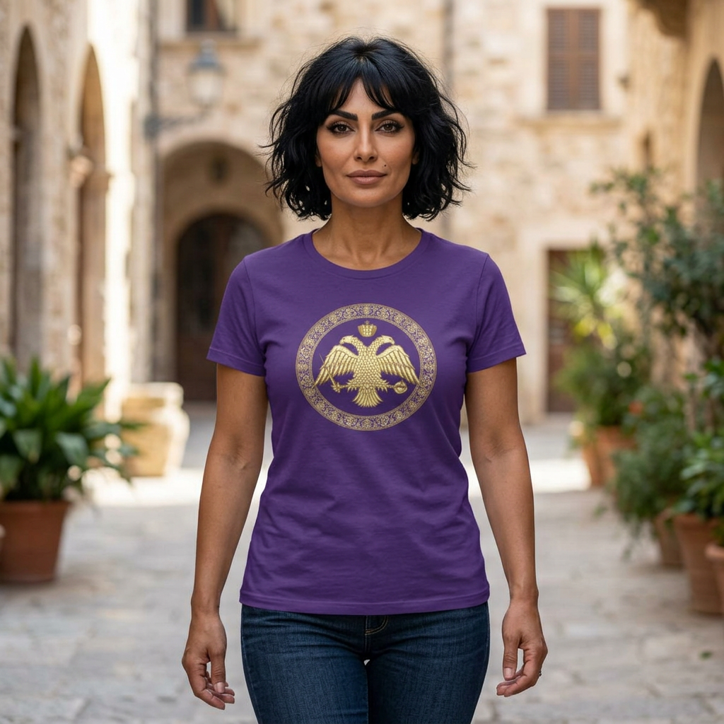 Damen-T-Shirt mit goldenem byzantinischem Doppeladler | Versandkostenfrei