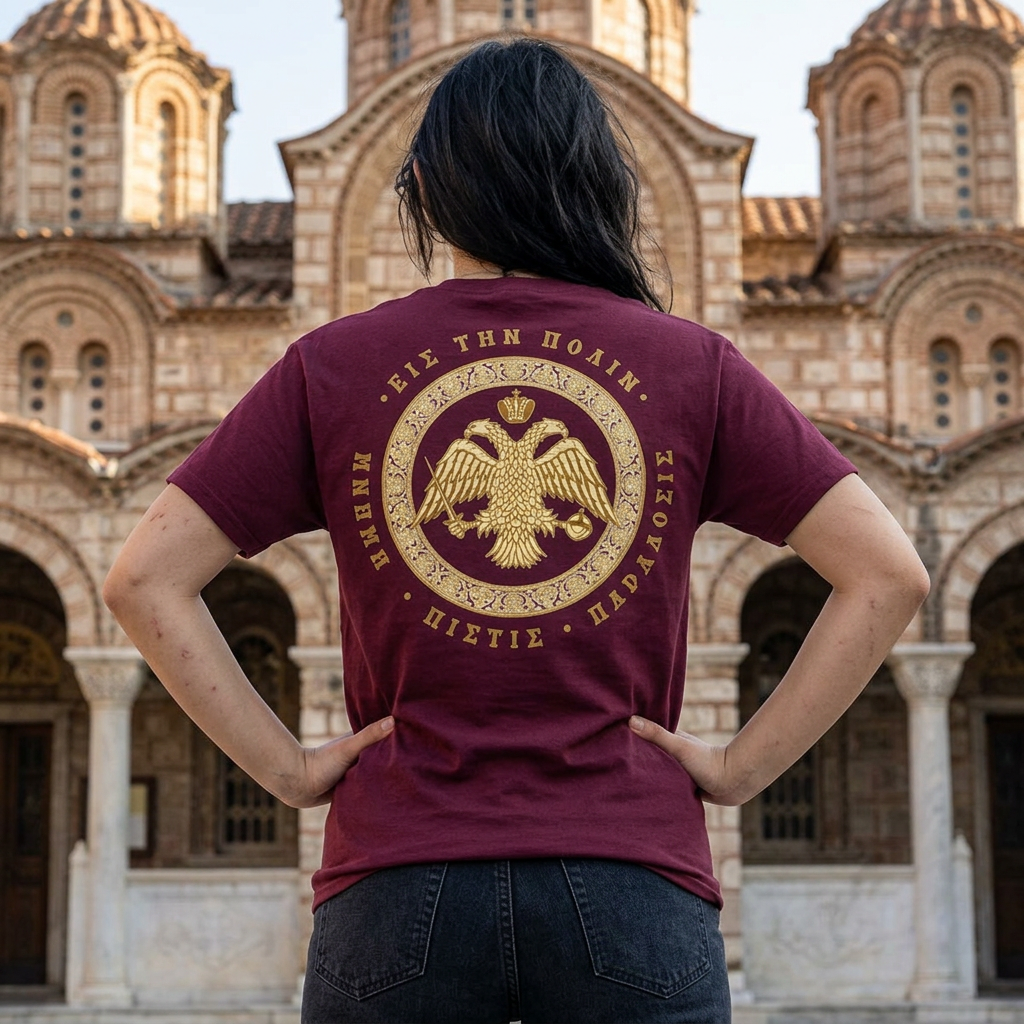 Classic Byzantine T-Shirt – Doppeladler mit griechischem Siegel-Schriftzug – Versandkostenfrei