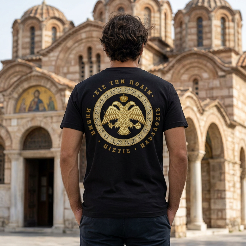 Classic Byzantine T-Shirt – Doppeladler mit griechischem Siegel-Schriftzug – Versandkostenfrei