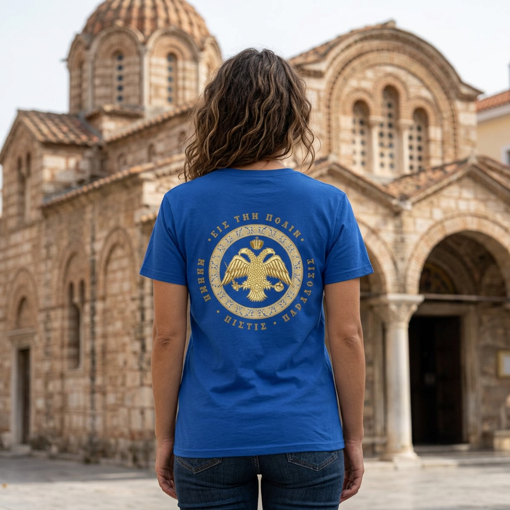 Classic Byzantine T-Shirt – Doppeladler mit griechischem Siegel-Schriftzug – Versandkostenfrei