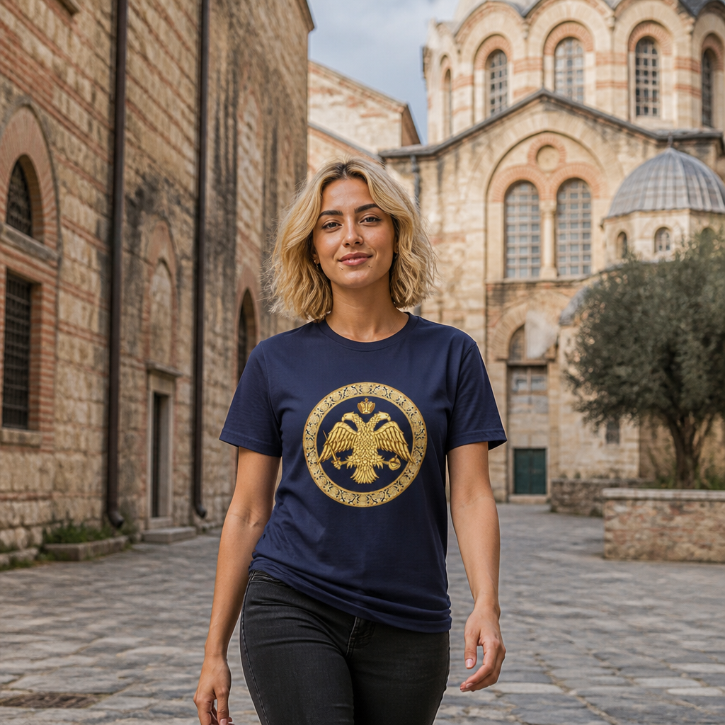 Damen-T-Shirt mit goldenem byzantinischem Doppeladler | Versandkostenfrei