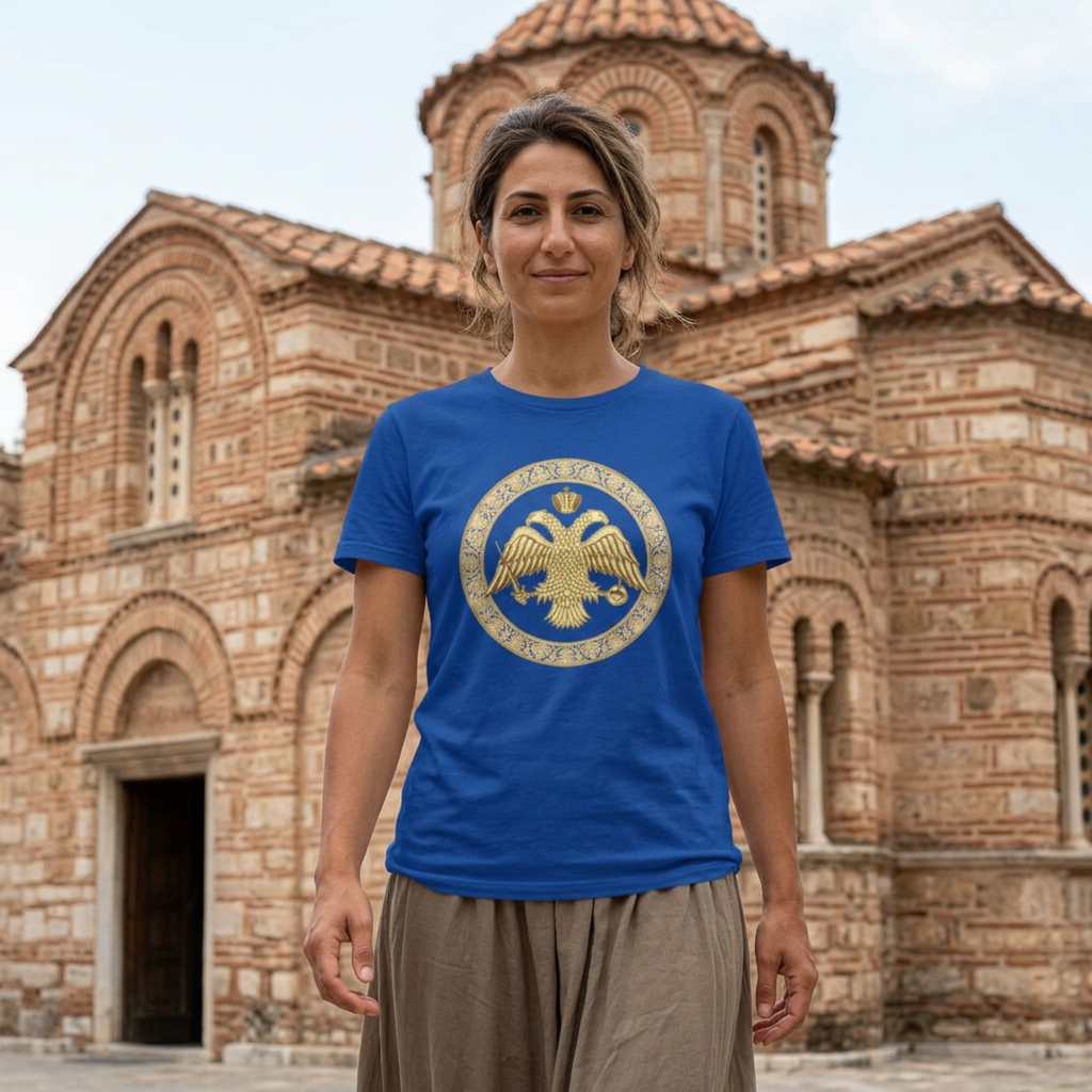 Damen-T-Shirt mit goldenem byzantinischem Doppeladler | Versandkostenfrei