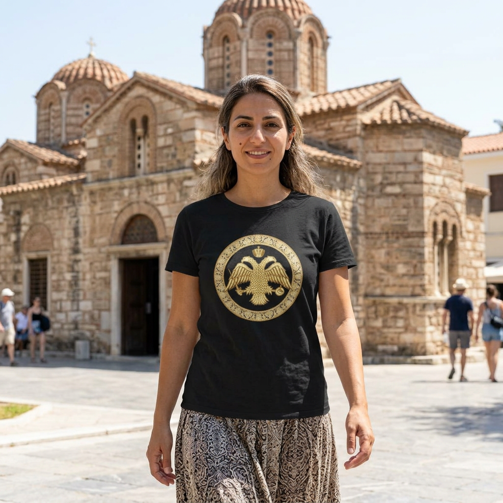 Damen-T-Shirt mit goldenem byzantinischem Doppeladler | Versandkostenfrei