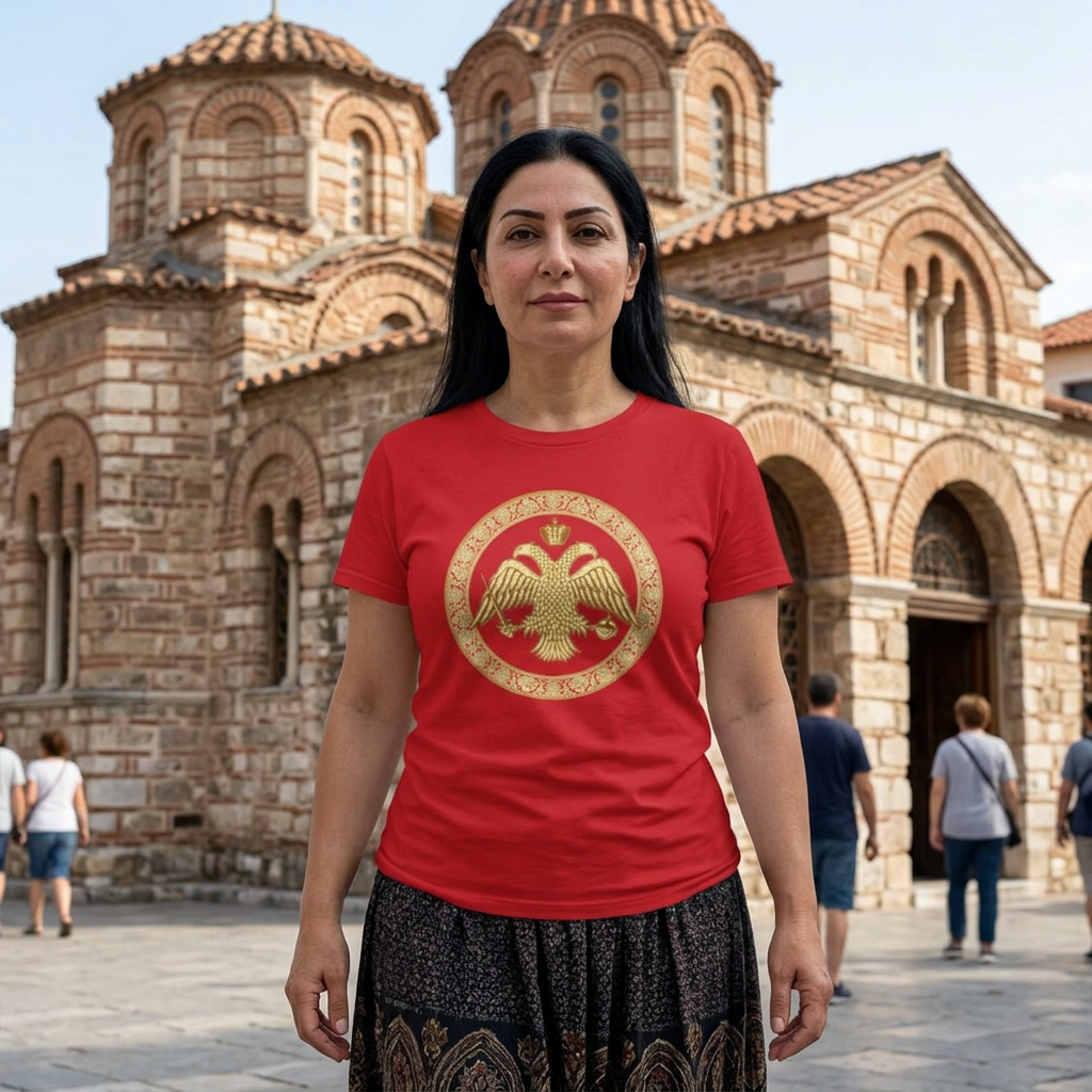Damen-T-Shirt mit goldenem byzantinischem Doppeladler | Versandkostenfrei