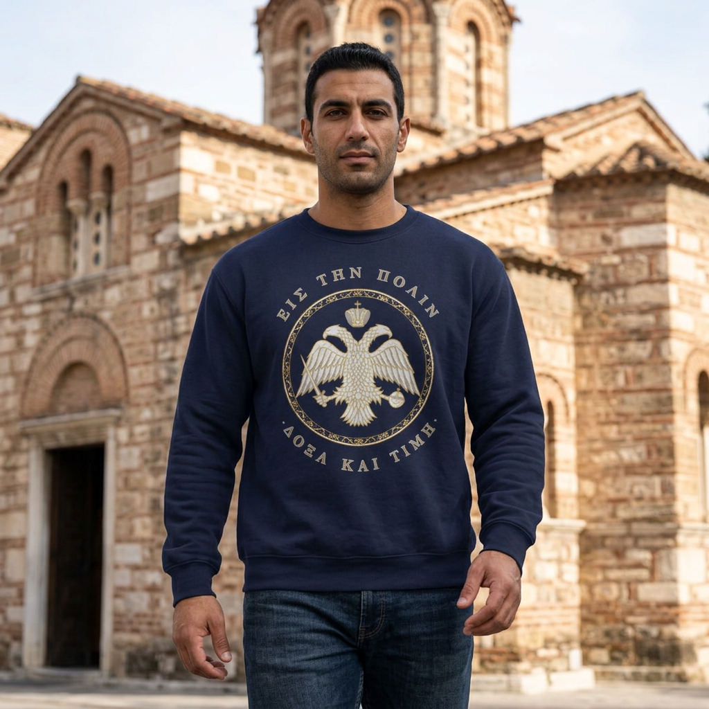 Byzantine Sweatshirt – Doppeladler in Silber-Gold · Δόξα και Τιμή (Ruhm und Ehre) · Versandkostenfrei