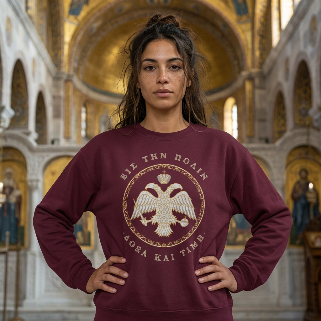 Byzantine Sweatshirt – Doppeladler in Silber-Gold · Δόξα και Τιμή (Ruhm und Ehre) · Versandkostenfrei