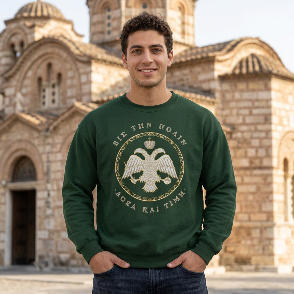 Byzantine Sweatshirt – Doppeladler in Silber-Gold · Δόξα και Τιμή (Ruhm und Ehre) · Versandkostenfrei