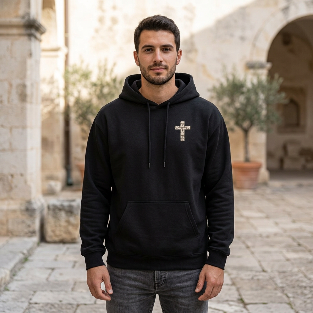 Unisex-Hoodie „Αν πεθάνεις πριν πεθάνεις…“ – Kreuzmotiv & orthodoxer Sinnspruch – Versandkostenfrei
