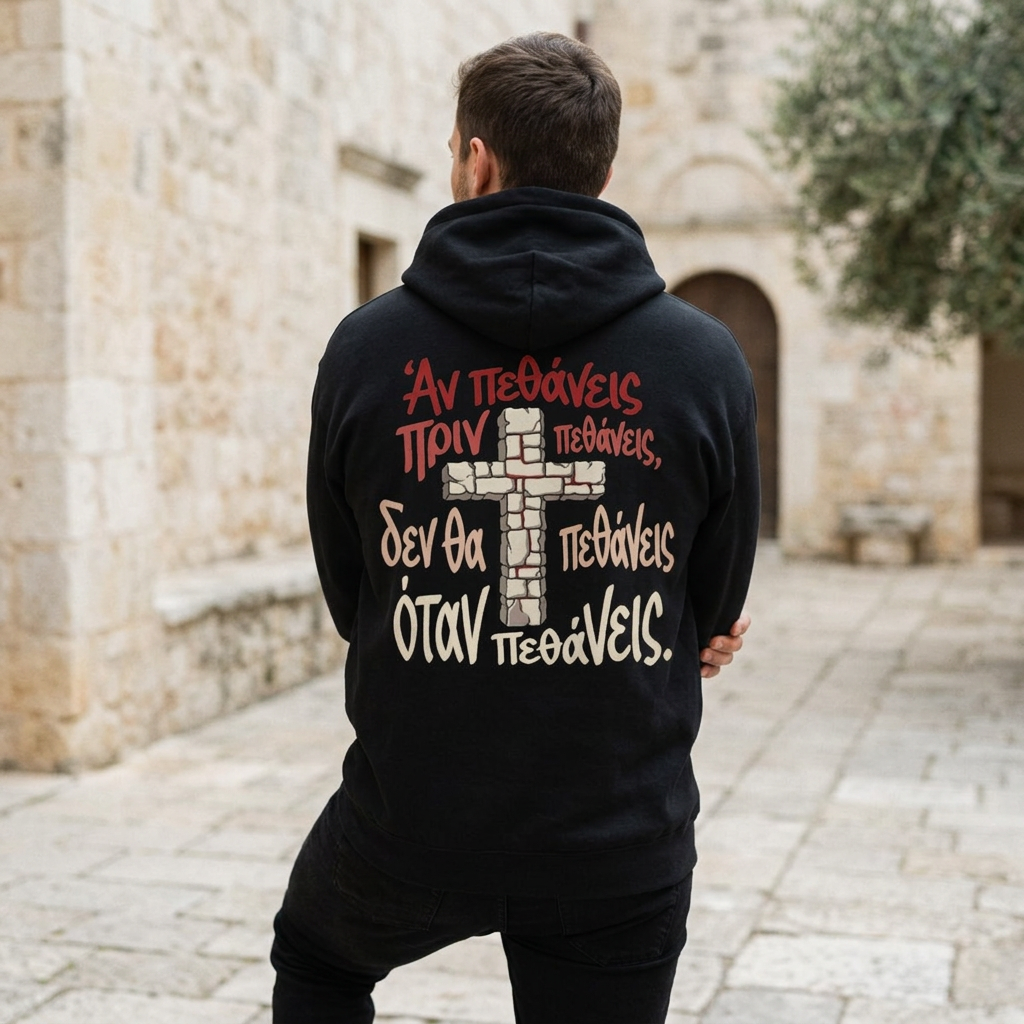 Unisex-Hoodie „Αν πεθάνεις πριν πεθάνεις…“ – Kreuzmotiv & orthodoxer Sinnspruch – Versandkostenfrei