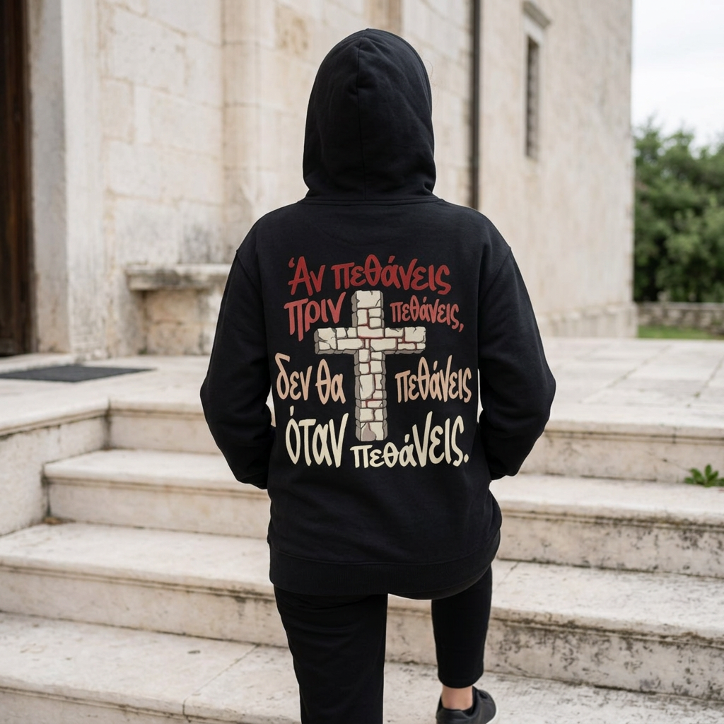 Unisex-Hoodie „Αν πεθάνεις πριν πεθάνεις…“ – Kreuzmotiv & orthodoxer Sinnspruch – Versandkostenfrei