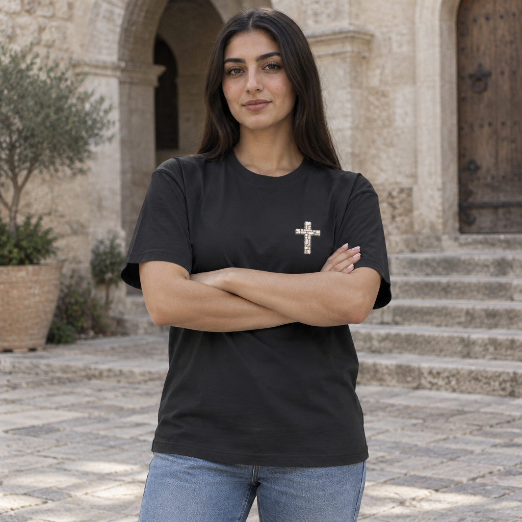 Unisex-Oversize-Shirt „Αν πεθάνεις πριν πεθάνεις…“ – Steinkreuz & griechischer Sinnspruch – Versandkostenfrei