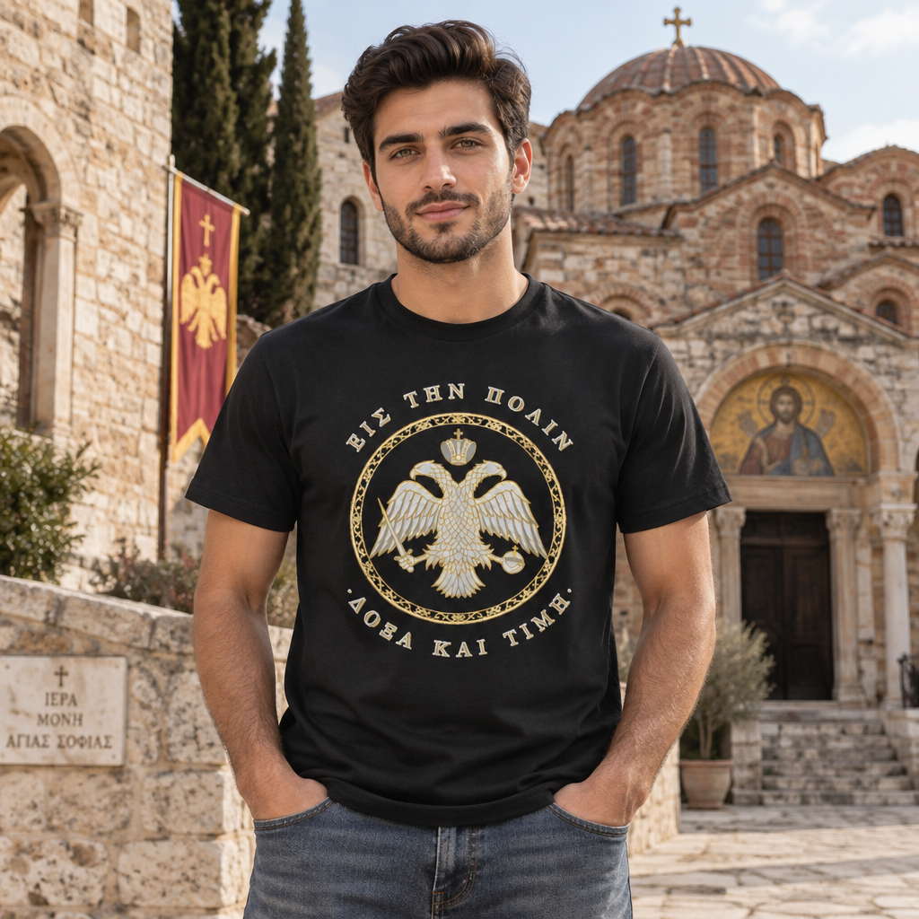 Byzantine T-Shirt – Doppeladler in Silber-Gold · Εἰς τὴν Πόλιν · Frontdruck