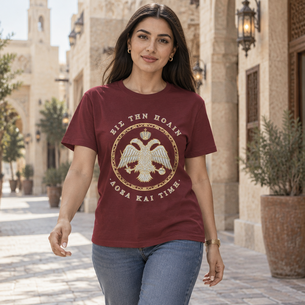 Byzantine T-Shirt – Doppeladler in Silber-Gold · Εἰς τὴν Πόλιν · Frontdruck