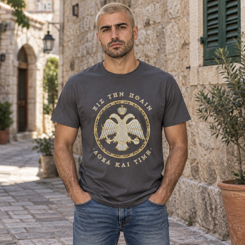 Byzantine T-Shirt – Doppeladler in Silber-Gold · Εἰς τὴν Πόλιν · Frontdruck
