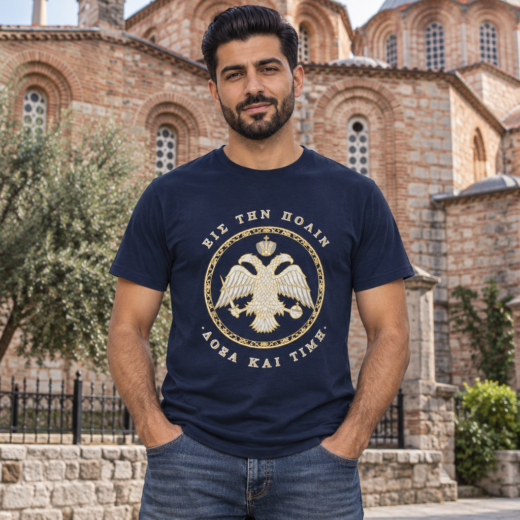 Byzantine T-Shirt – Doppeladler in Silber-Gold · Εἰς τὴν Πόλιν · Frontdruck
