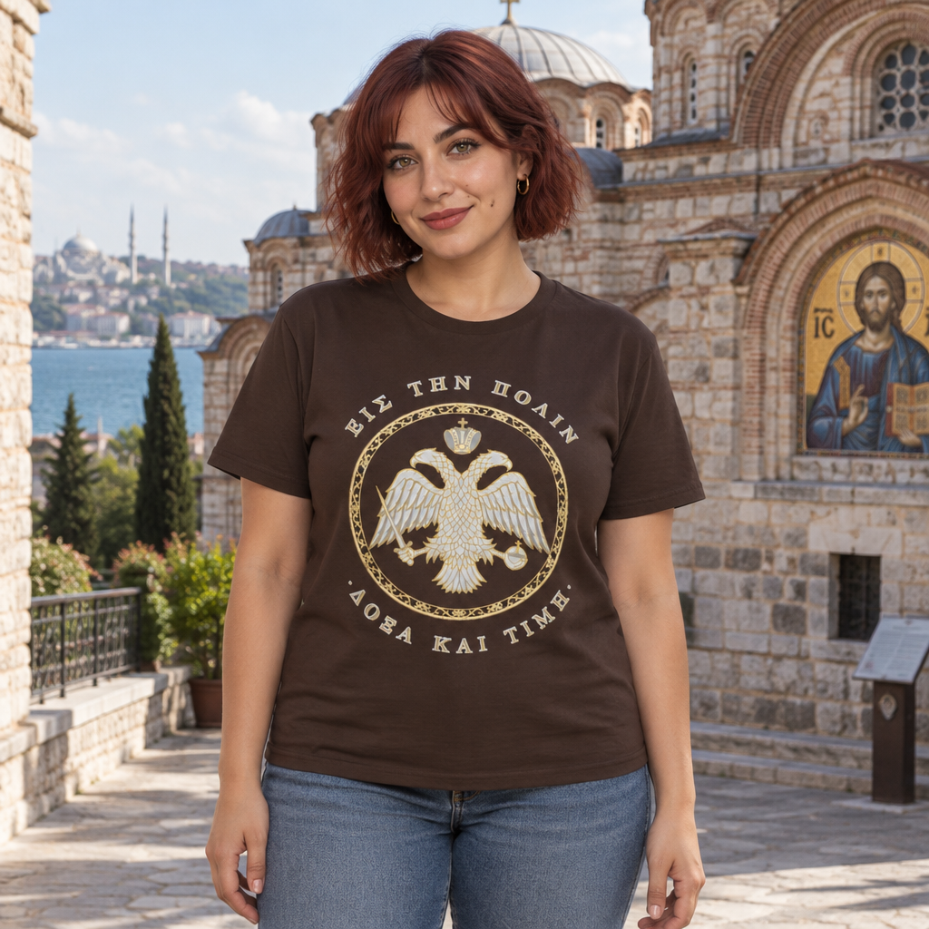 Byzantine T-Shirt – Doppeladler in Silber-Gold · Εἰς τὴν Πόλιν · Frontdruck