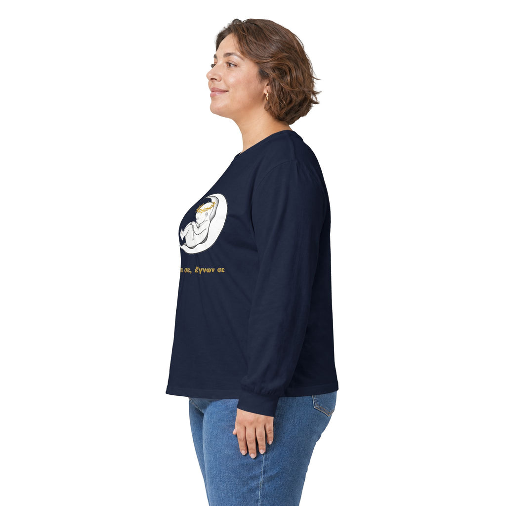 Unisex-Langarmshirt „Πριν πλάσω σε, έγνων σε“ – Baby im Halbmond – Versandkostenfrei