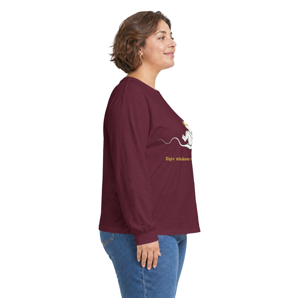 Unisex-Langarmshirt „Πριν πλάσω σε, έγνων σε“ – Baby im Halbmond – Versandkostenfrei