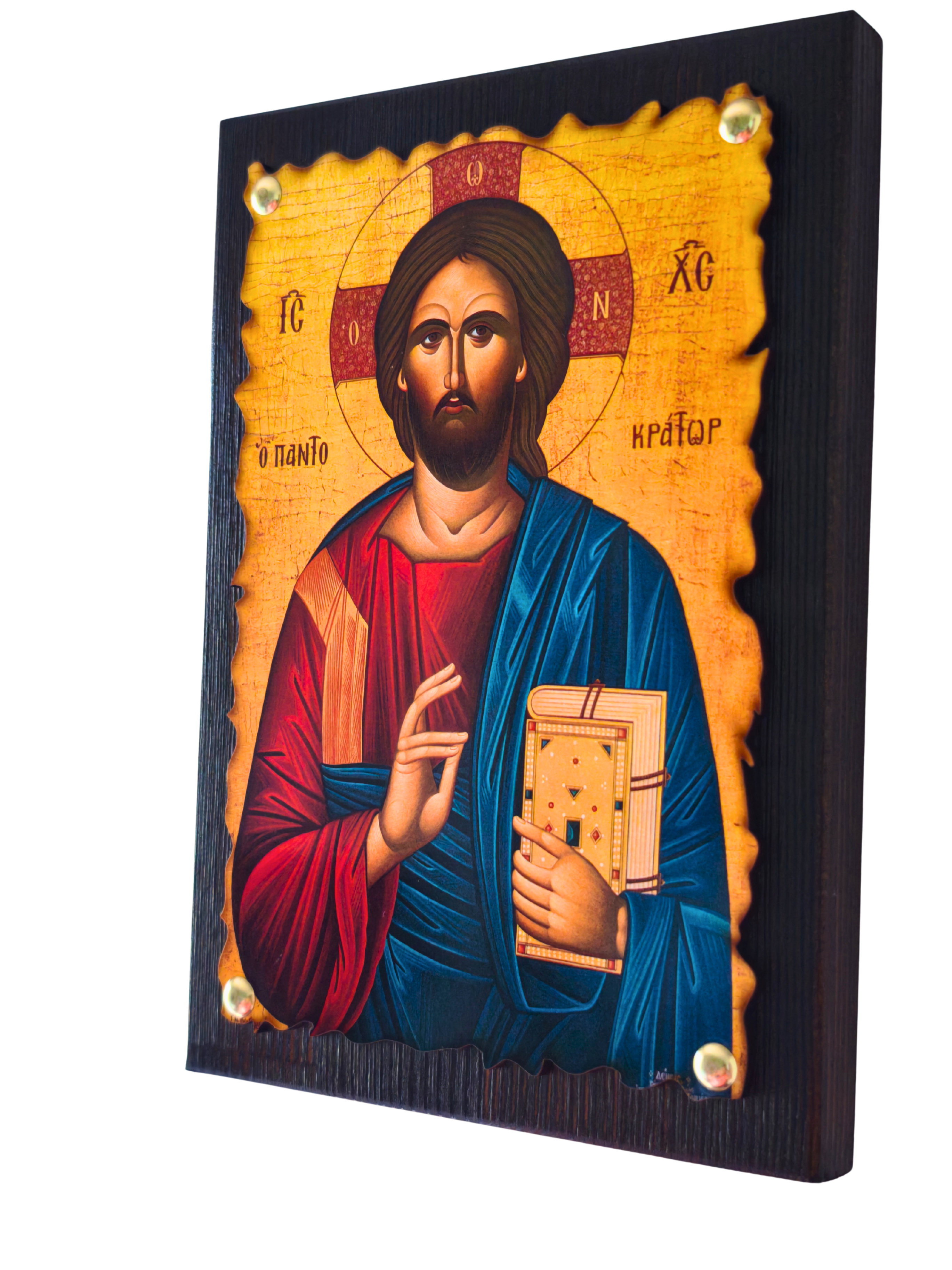 Orthodoxe Holzikone Christus Pantokrator – Detailansicht Wellenrand und Messingnägel, byzantinische Handwerksarbeit