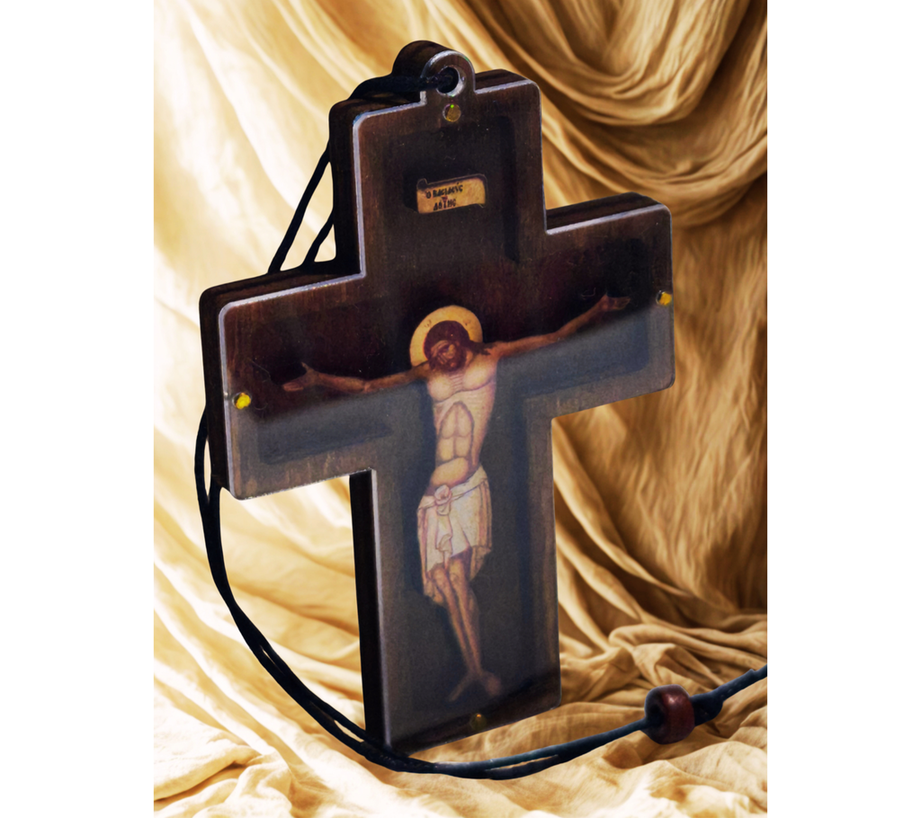 Handgefertigtes orthodoxes Auto- & Hängekreuz aus Walnussholz – Christus am Kreuz in 3D mit Plexiglas – IC XC NIKA
