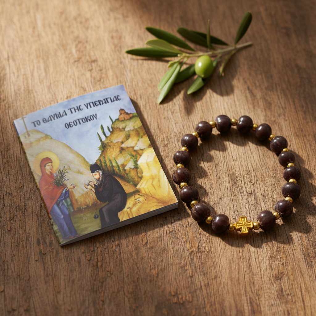 Tränen der Gottesmutter braun-gold mit Heftchen "Das Wunder der Gottesmutter"