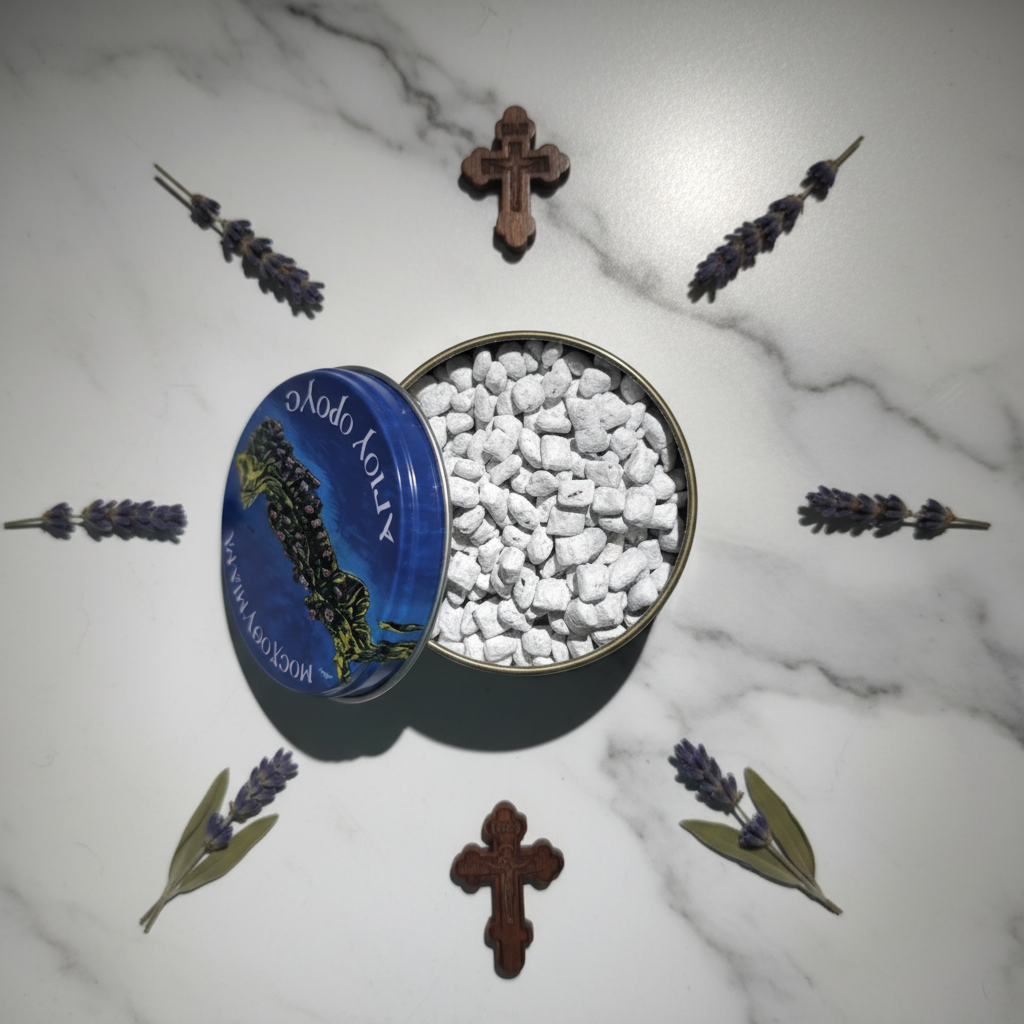 Athos Weihrauch Jasmin – geöffnete Dose mit weißen Weihrauchkörnern auf Marmor mit Lavendel und Holzkreuzen