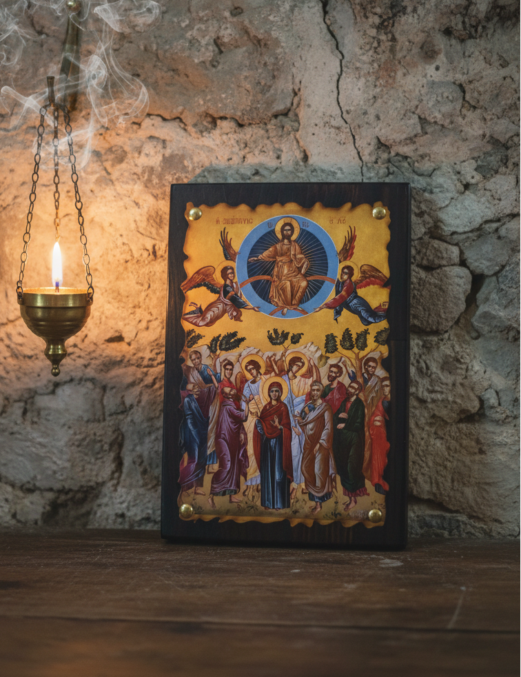 Orthodoxe Ikone Christi Himmelfahrt – byzantinische Holzikone mit Wellenrand, handgefertigt in Griechenland