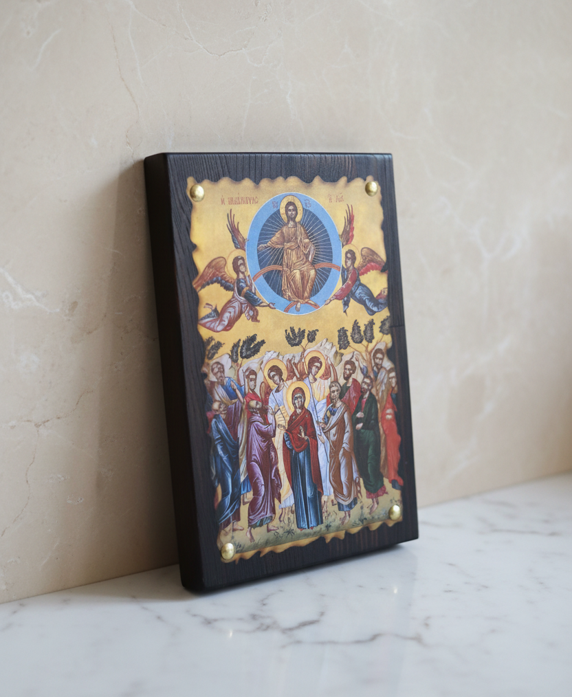 Christi Himmelfahrt Ikone – byzantinische Ikonenarbeit auf dunklem Holz mit Ziernägeln, Detailansicht