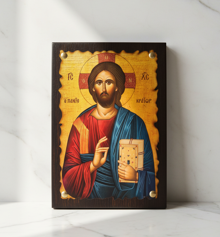 Orthodoxe Ikone Christus Pantokrator auf Marmorplatte – byzantinische Ikonenarbeit, erhältlich in zwei Größen