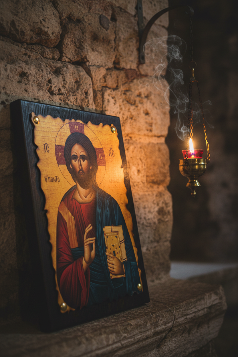 Christus Pantokrator Ikone – Seitenansicht mit sichtbarem Wellenrand und Holztiefe, orthodoxe Ikonenarbeit aus Griechenland