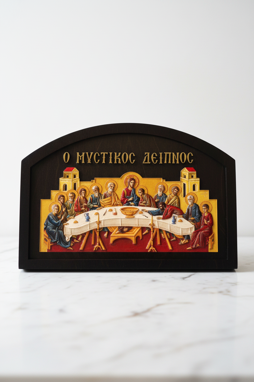 Orthodoxe Ikone Das letzte Abendmahl – Mystikos Deipnos | 3D-Relief auf Kiefernholz | 36,5 × 25,5 cm