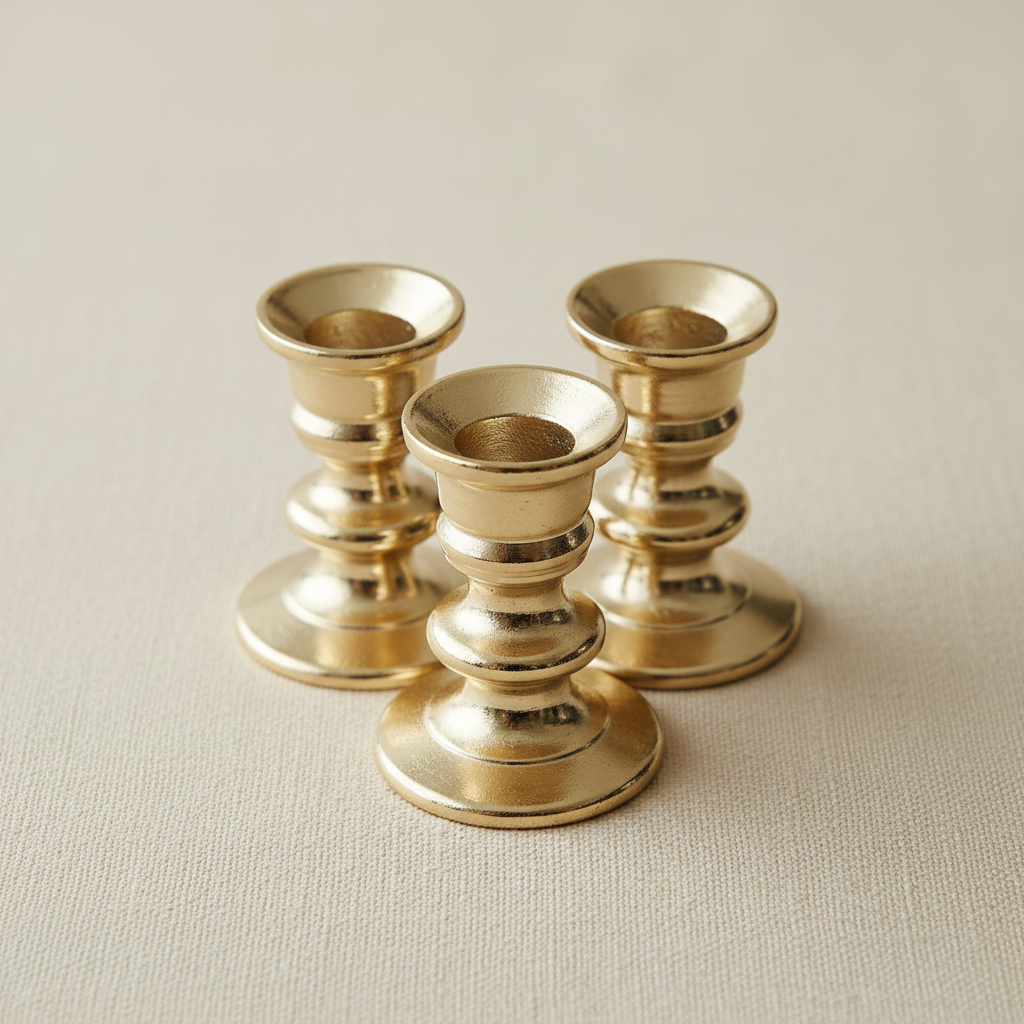 Drei Mini-Kerzenhalter aus Messing nebeneinander, poliertes Hellgold, ideal für orthodoxe Gebetsecke oder Hausikonstase