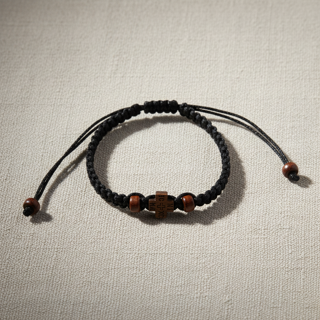 Makramee-Armband im Komboskini-Stil – schwarz mit Holzkreuz IC XC NIKA und Holzperlen, Flat Lay auf Leinenstoff