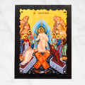 Orthodoxe Ikone Anastasis – Auferstehung Christi, byzantinisches Motiv auf dunklem Holz mit Wellenrand und Messingnägeln, 26 × 20 cm, Marmor-Hintergrund