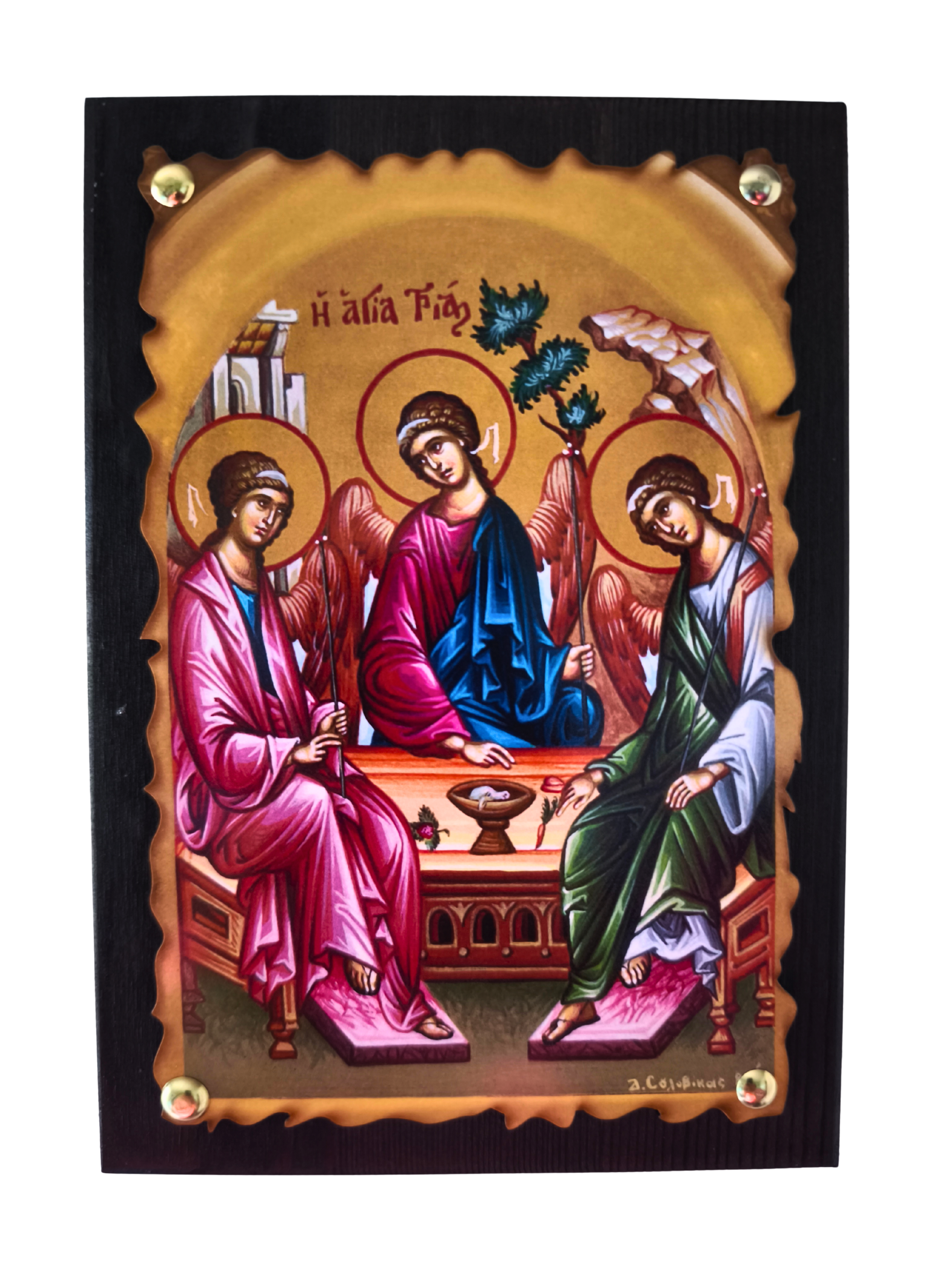 Orthodoxe Ikone Heilige Dreifaltigkeit – drei Engel am Tisch, byzantinische Holzikone mit Wellenrand, handgefertigt in Griechenland