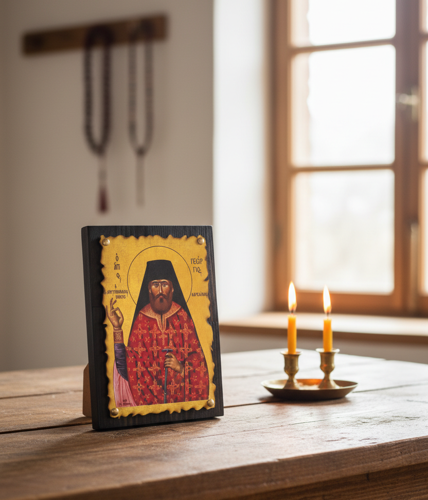 Orthodoxe Ikone Heiliger Georgios Karslides im natürlichen Tageslicht mit Komboskini