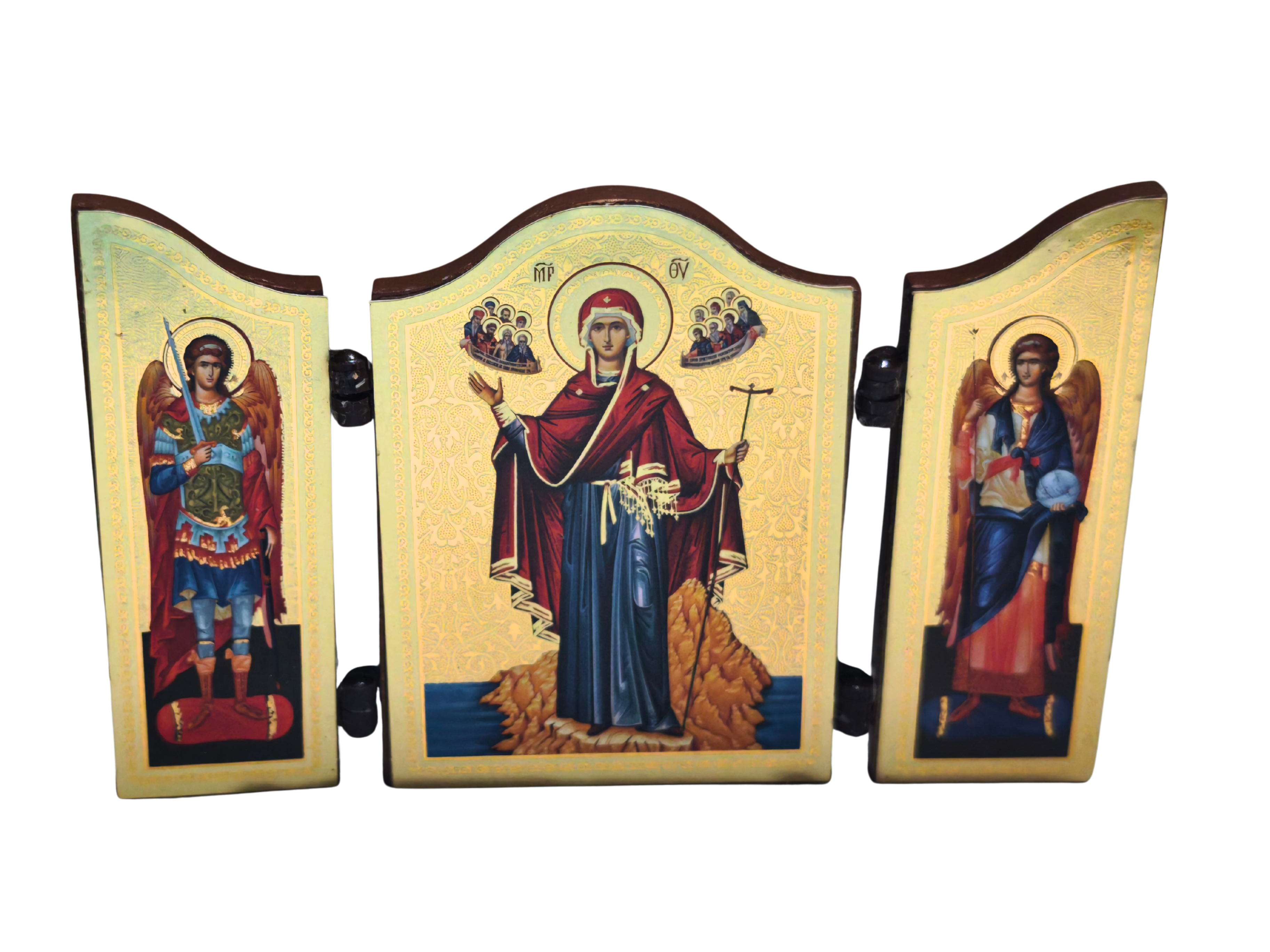 Orthodoxe Mini-Triptychon-Reiseikone geöffnet – Gottesmutter vom Berg Athos mit Erzengeln, 13,3x8,3cm