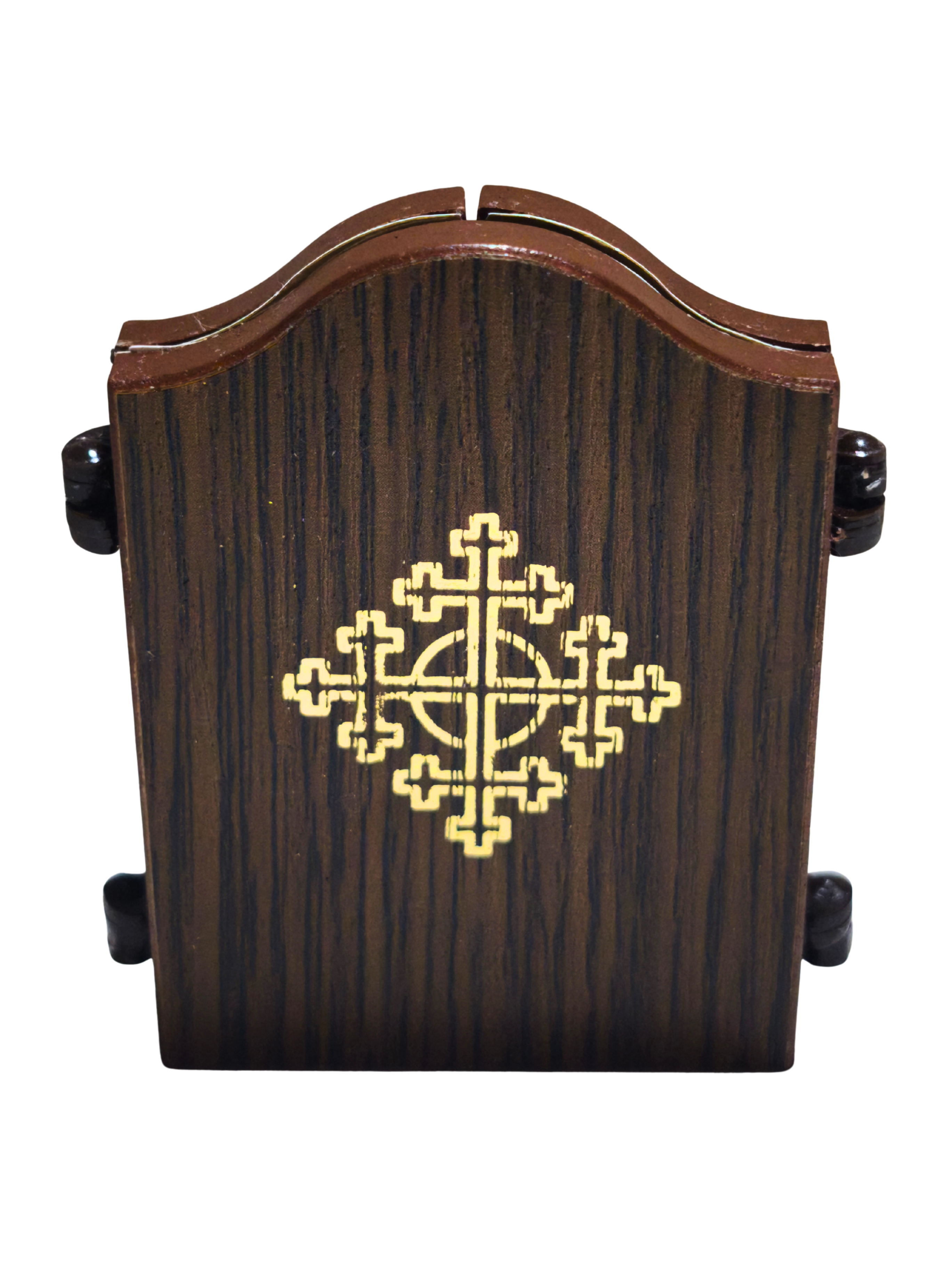Orthodoxe Mini-Triptychon-Reiseikone geschlossen – dunkles Holz mit goldenem Kreuzornament, 6x8,3cm