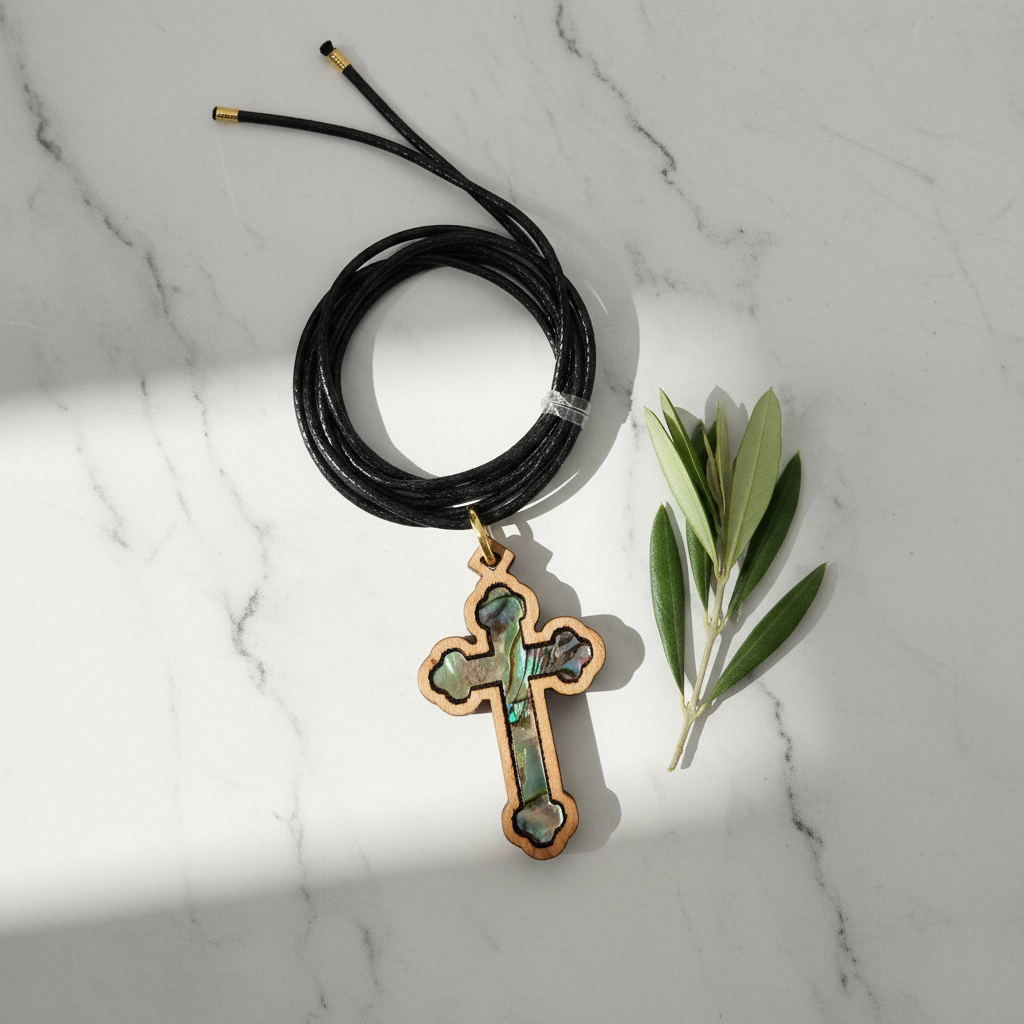 Geschwungenes Ikonen-Kreuz auf Marmor
