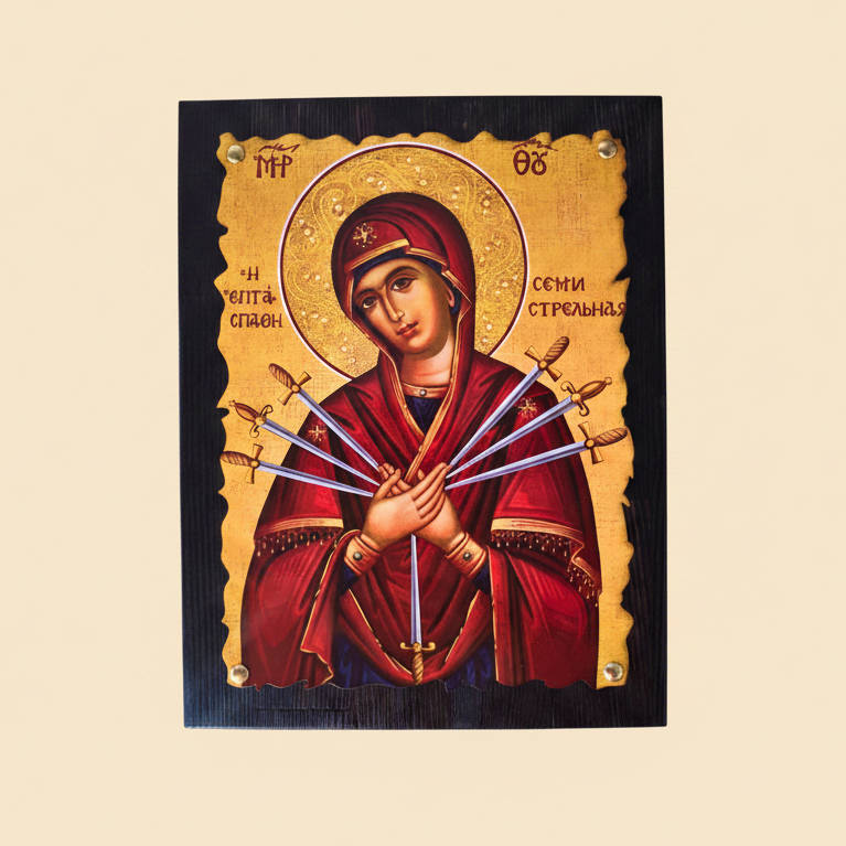Orthodoxe Ikone Gottesmutter der Sieben Schwerter Επτάσπαθη – handgefertigt auf dunklem Holz mit Wellenrand, Griechenland
