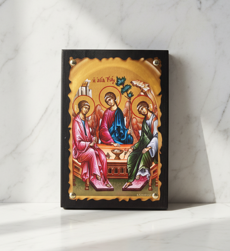 Orthodoxe Ikone Heilige Dreifaltigkeit auf Marmorplatte – byzantinische Ikonenarbeit mit Ziernägeln, 20 × 14 cm